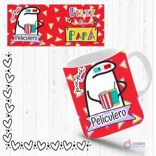 Mockup de taza sublimada con Flork 'peliculero' usando gafas 3D y sosteniendo palomitas, fondo rojo con formas geométricas. Incluye plantilla de diseño 'Feliz Día Papá'.