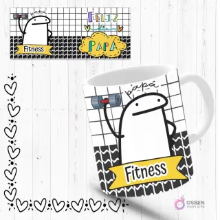 Mockup de taza sublimada con Flork 'fitness' levantando una mancuerna, fondo blanco y negro a cuadros. Incluye plantilla de diseño 'Feliz Día Papá'.