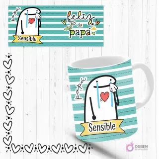 Mockup de taza sublimada con Flork 'sensible' llorando con un corazón, fondo verde con rayas. Incluye plantilla de diseño 'Feliz Día Papá'.
