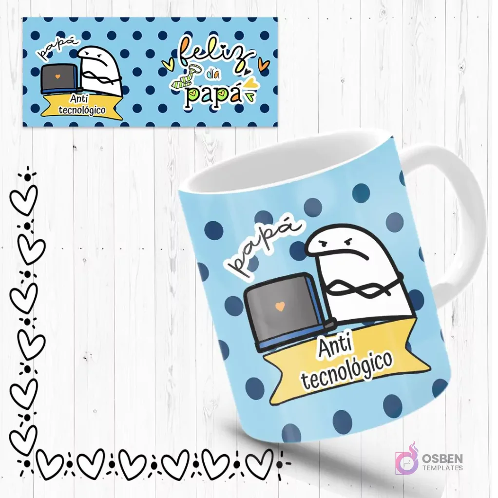Mockup de taza sublimada con Flork 'anti tecnológico' frustrado frente a un portátil, fondo azul con puntos. Incluye plantilla de diseño 'Feliz Día Papá'.