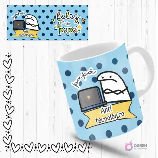 Mockup de taza sublimada con Flork 'anti tecnológico' frustrado frente a un portátil, fondo azul con puntos. Incluye plantilla de diseño 'Feliz Día Papá'.