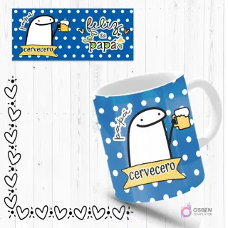Mockup de taza sublimada con Flork 'cervecero' sosteniendo una jarra de cerveza, fondo azul con puntos. Incluye plantilla de diseño 'Feliz Día Papá'.