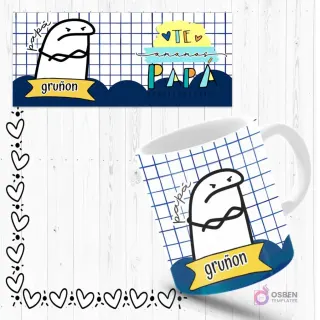 Mockup de taza sublimada con Flork 'gruñón' con cara de enojado, fondo azul a cuadros. Incluye plantilla de diseño con mensaje 'Te amo Papá'.