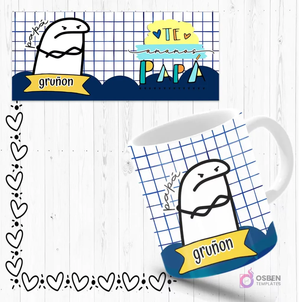 Mockup de taza sublimada con Flork 'gruñón' con cara de enojado, fondo azul a cuadros. Incluye plantilla de diseño con mensaje 'Te amo Papá'.