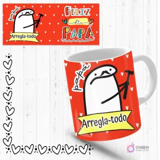 Mockup de taza sublimada con Flork 'arregla-todo' con un martillo y llave inglesa, fondo rojo con corazones. Incluye plantilla de diseño 'Feliz Día Papá'.