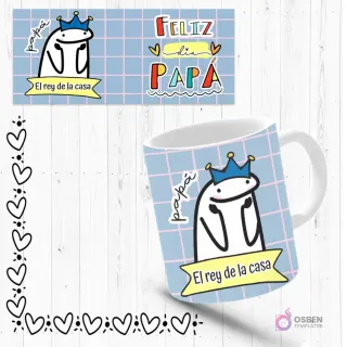 Mockup de taza sublimada con Flork 'el rey de la casa' con una corona, fondo azul claro a cuadros. Incluye plantilla de diseño 'Feliz Día Papá'.