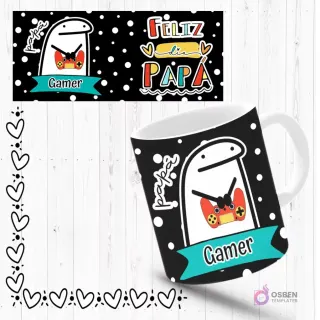 Mockup de taza sublimada con Flork 'gamer' sosteniendo un control de videojuegos, fondo negro con puntos blancos. Incluye plantilla de diseño 'Feliz Día Papá'.