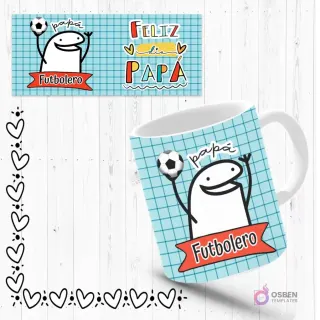 Mockup de taza sublimada con Flork 'futbolero' sosteniendo un balón de fútbol, fondo azul a cuadros. Incluye plantilla de diseño 'Feliz Día Papá'.