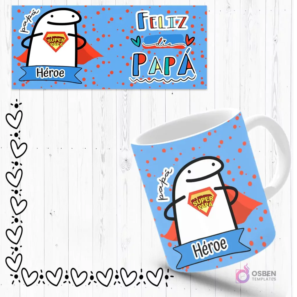 Mockup de taza sublimada con Flork 'héroe' con capa y escudo 'Súper Papá', fondo azul con puntos. Incluye plantilla de diseño 'Feliz Día Papá'.