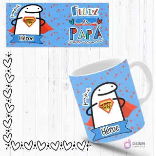 Mockup de taza sublimada con Flork 'héroe' con capa y escudo 'Súper Papá', fondo azul con puntos. Incluye plantilla de diseño 'Feliz Día Papá'.