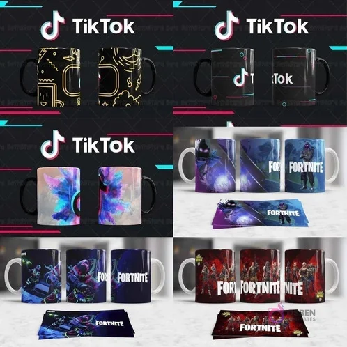 Tazas de sublimación con diseños de TikTok y Fortnite, mostrando plantillas listas para imprimir y personalizar.