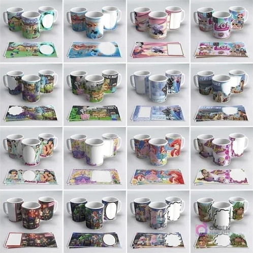 Múltiples tazas sublimadas con personajes infantiles variados como Toy Story, Minecraft, LOL Surprise y Snoopy, junto a sus plantillas.