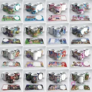 Múltiples tazas sublimadas con personajes infantiles variados como Toy Story, Minecraft, LOL Surprise y Snoopy, junto a sus plantillas.