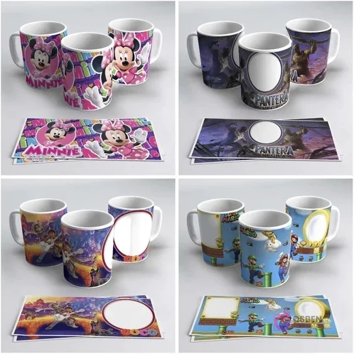 Tazas sublimadas con diseños de Minnie Mouse, Pantera Negra, personajes de Coco o Encanto, y Super Mario Bros, con plantillas editables.