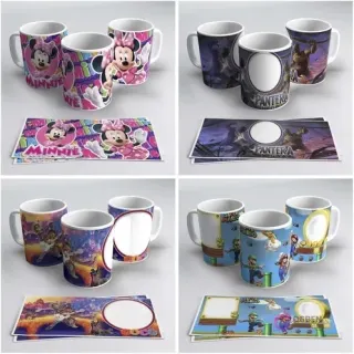 Tazas sublimadas con diseños de Minnie Mouse, Pantera Negra, personajes de Coco o Encanto, y Super Mario Bros, con plantillas editables.