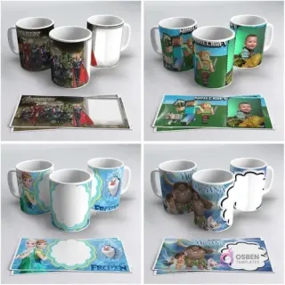 Tazas de sublimación con diseños de Avengers, Minecraft con marco para foto, Frozen y Moana, mostrando los diseños de plantilla.