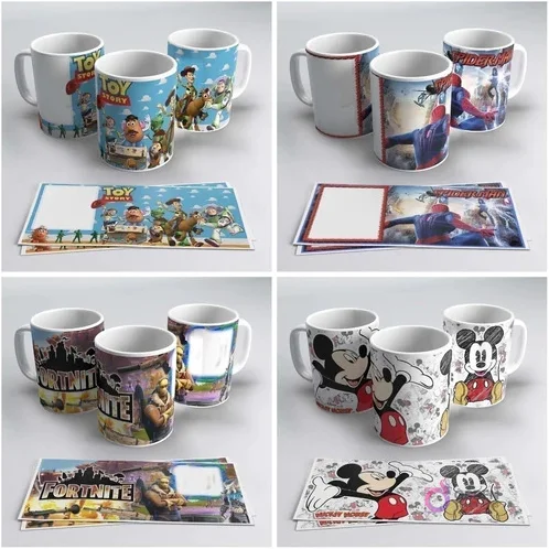 Tazas sublimadas con diseños de Toy Story, Spiderman, Fortnite y Mickey Mouse, incluyendo las plantillas para sublimar.