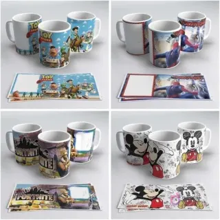 Tazas sublimadas con diseños de Toy Story, Spiderman, Fortnite y Mickey Mouse, incluyendo las plantillas para sublimar.