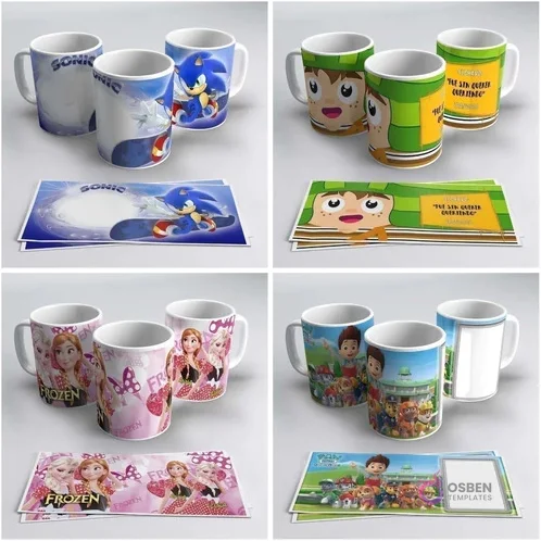 Tazas con diseños de Sonic, Chavo del 8, Frozen (Elsa y Anna) y Paw Patrol, acompañadas de sus plantillas listas para sublimar.