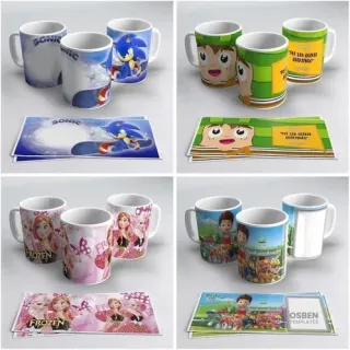 Tazas con diseños de Sonic, Chavo del 8, Frozen (Elsa y Anna) y Paw Patrol, acompañadas de sus plantillas listas para sublimar.