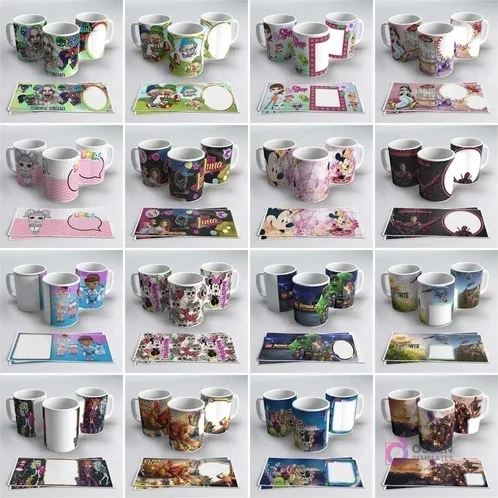 Amplia variedad de tazas sublimadas con personajes infantiles como LOL Surprise, Mickey, Minnie, Fortnite, Monster High, PJ Masks, Steven Universe, Soy Luna, y más, con sus respectivas plantillas.