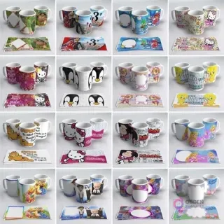 Tazas sublimadas con personajes infantiles como Paw Patrol, Hello Kitty, Snoopy, Trolls, PJ Masks, y Princesas Disney, incluyendo sus plantillas.