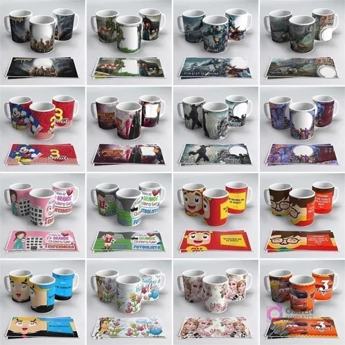 Variados diseños de tazas sublimadas con personajes de Dragon Ball Z, Super Mario, Minecraft, Avengers, Hulk, El Chavo y más, junto a sus plantillas.