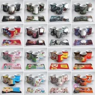 Variados diseños de tazas sublimadas con personajes de Dragon Ball Z, Super Mario, Minecraft, Avengers, Hulk, El Chavo y más, junto a sus plantillas.