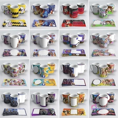 Múltiples tazas sublimadas con Princesas Disney, Mickey Mouse, Minnie Mouse, Cars, Frozen y Moana, con sus plantillas para sublimación.