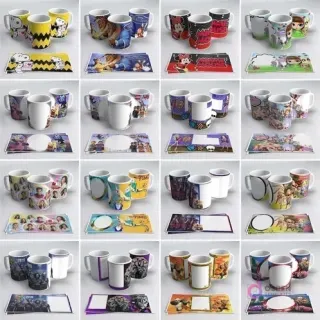 Múltiples tazas sublimadas con Princesas Disney, Mickey Mouse, Minnie Mouse, Cars, Frozen y Moana, con sus plantillas para sublimación.