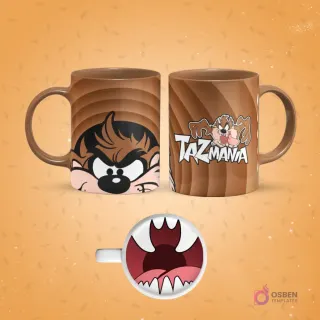 Mockup de taza de sublimación marrón con diseño del Demonio de Tasmania (Taz). Un lado muestra su rostro gruñón, el otro su cuerpo girando con el logo 'Tazmania'. El fondo de la taza revela la boca abierta y dentada de Taz.