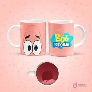 Mockup de taza de sublimación blanca con diseño de Patricio Estrella de Bob Esponja. Un lado muestra su rostro, el otro el logo de 'Bob Esponja'. El fondo de la taza revela una boca rosada abierta.