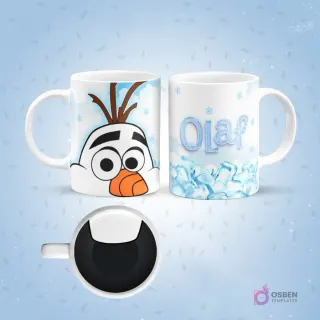 Mockup de taza de sublimación blanca con diseño de Olaf de Frozen. Un lado muestra su rostro con nariz de zanahoria, el otro su nombre 'Olaf' con cubos de hielo. El fondo de la taza revela la boca abierta y negra de Olaf.