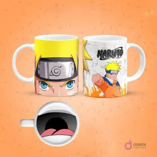 Mockup de taza de sublimación blanca con asa blanca, con diseño de Naruto Uzumaki. Un lado muestra su rostro con banda ninja, el otro a Naruto haciendo un puño con el logo. El fondo de la taza revela una boca abierta con dientes y lengua.