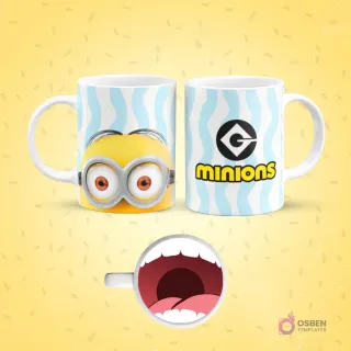 Mockup de taza de sublimación blanca con diseño de un Minion. Un lado muestra el rostro de un Minion con sus gafas, el otro el logo de 'Minions'. El fondo de la taza revela una boca abierta con dientes y lengua.
