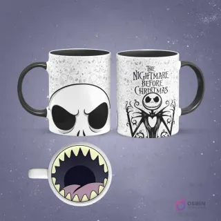 Mockup de taza de sublimación blanca con interior y asa negra, con diseño de Jack Skellington. Un lado muestra su rostro, el otro el título 'The Nightmare Before Christmas' y a Jack. El fondo de la taza revela una boca con dientes puntiagudos y lengua morada.