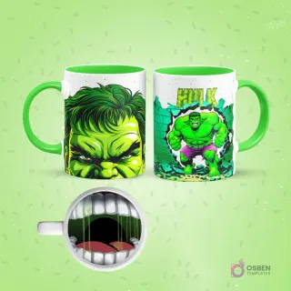 Mockup de taza de sublimación blanca con interior y asa verde, con diseño de Hulk. Un lado muestra su rostro enojado, el otro a Hulk rompiendo una pared con el logo. El fondo de la taza revela una boca abierta con dientes y lengua verde.
