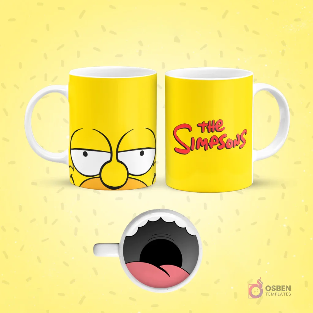 Mockup de taza de sublimación amarilla con diseño de Homer Simpson. Un lado muestra su rostro con ojos medio cerrados y una expresión pensativa. El otro lado muestra el logo 'The Simpsons'. El fondo de la taza revela una boca abierta y rosada.