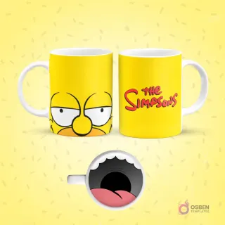 Mockup de taza de sublimación amarilla con diseño de Homer Simpson. Un lado muestra su rostro con ojos medio cerrados y una expresión pensativa. El otro lado muestra el logo 'The Simpsons'. El fondo de la taza revela una boca abierta y rosada.