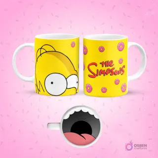 Mockup de taza de sublimación amarilla con diseño de Homer Simpson. Un lado muestra su rostro sonriente con ojos abiertos, y el otro lado el logo 'The Simpsons' rodeado de donas rosas. El fondo de la taza revela una boca abierta y rosada.