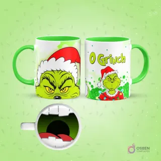 Mockup de taza de sublimación blanca con interior y asa verde, con diseño de El Grinch. Un lado muestra su rostro enojado con gorro navideño, el otro lado al Grinch sonriendo con el logo 'O Grinch'. El fondo de la taza revela una boca abierta con dientes y lengua roja.