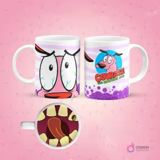 Mockup de taza de sublimación blanca con diseño de Coraje, el Perro Cobarde. Un lado muestra su rostro asustado con ojos saltones, el otro lado el logo 'Courage The Cowardly Dog' sobre un fondo de glitter morado. El fondo de la taza revela una boca abierta con dientes y lengua larga.