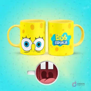 Mockup de taza de sublimación amarilla con diseño de Bob Esponja. Un lado muestra su rostro con ojos grandes, el otro lado el logo de 'Bob Esponja' con burbujas. El fondo de la taza revela una boca abierta con dientes cuadrados.