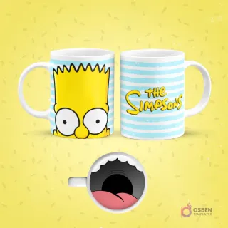 Mockup de taza de sublimación blanca con diseño de Bart Simpson. Un lado muestra su rostro con ojos saltones, el otro lado el logo 'The Simpsons' sobre un fondo de rayas azules. El fondo de la taza revela una boca abierta y rosada.