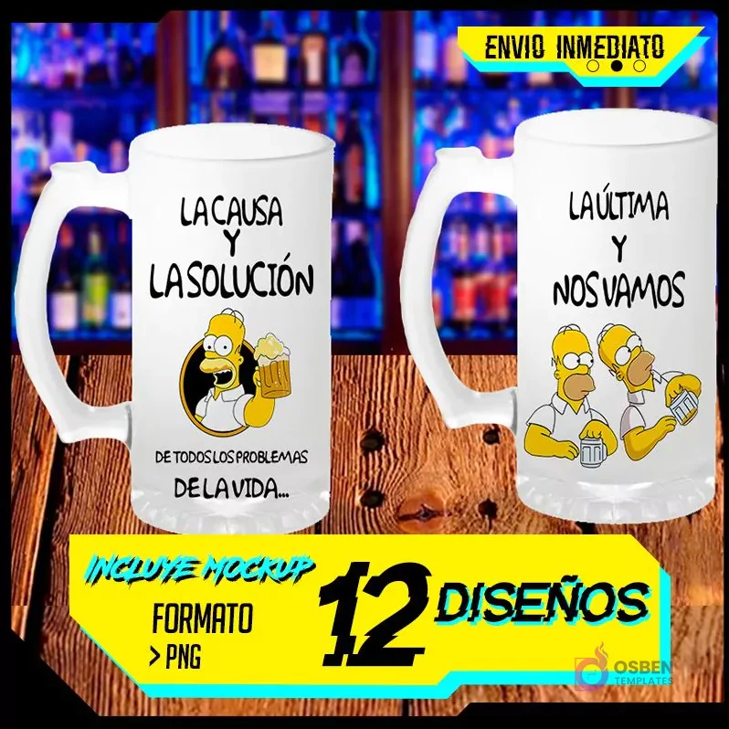 Pack de 12 plantillas PNG para sublimar shoperos del Día del Padre con diseños de Homer Simpson y frases divertidas de cerveza, incluye mockups y envío inmediato.