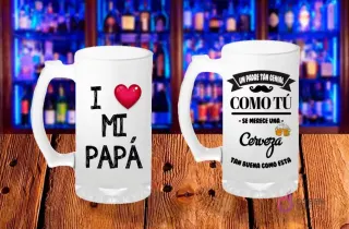 Plantilla para sublimar shopero del Día del Padre con texto 'I ❤️ MI PAPÁ' y otro con 'UN PADRE TAN GENIAL COMO TÚ SE MERECE UNA CERVEZA' con bigote.