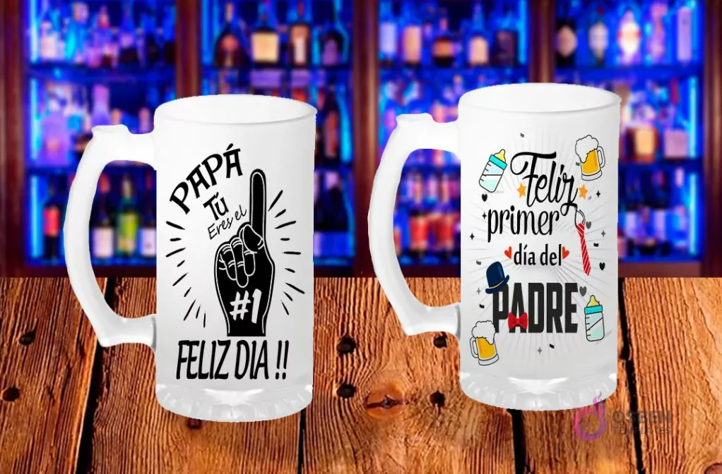 Plantillas PNG para sublimar shoperos del Día del Padre: 'PAPÁ Tú eres el #1 FELIZ DIA !!' con mano y 'Feliz primer día del PADRE' con iconos de bebé.