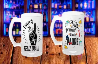 Plantillas PNG para sublimar shoperos del Día del Padre: 'PAPÁ Tú eres el #1 FELIZ DIA !!' con mano y 'Feliz primer día del PADRE' con iconos de bebé.