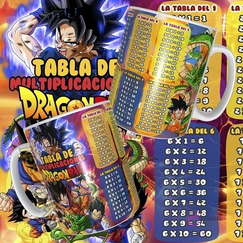 Diseño digital para taza de tablas de multiplicar con personajes de Dragon Ball Z como Goku Super Saiyajin, Vegeta y Gotenks. Fondo explosivo con texto 'Tabla de Multiplicaciones Dragon Ball'.