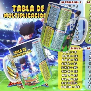 Plantilla digital de tablas de multiplicar para taza con Oliver Atom (Tsubasa Ozora) de Super Campeones. Fondo de cancha de fútbol y título 'Tabla de Multiplicaciones Captain Tsubasa'.